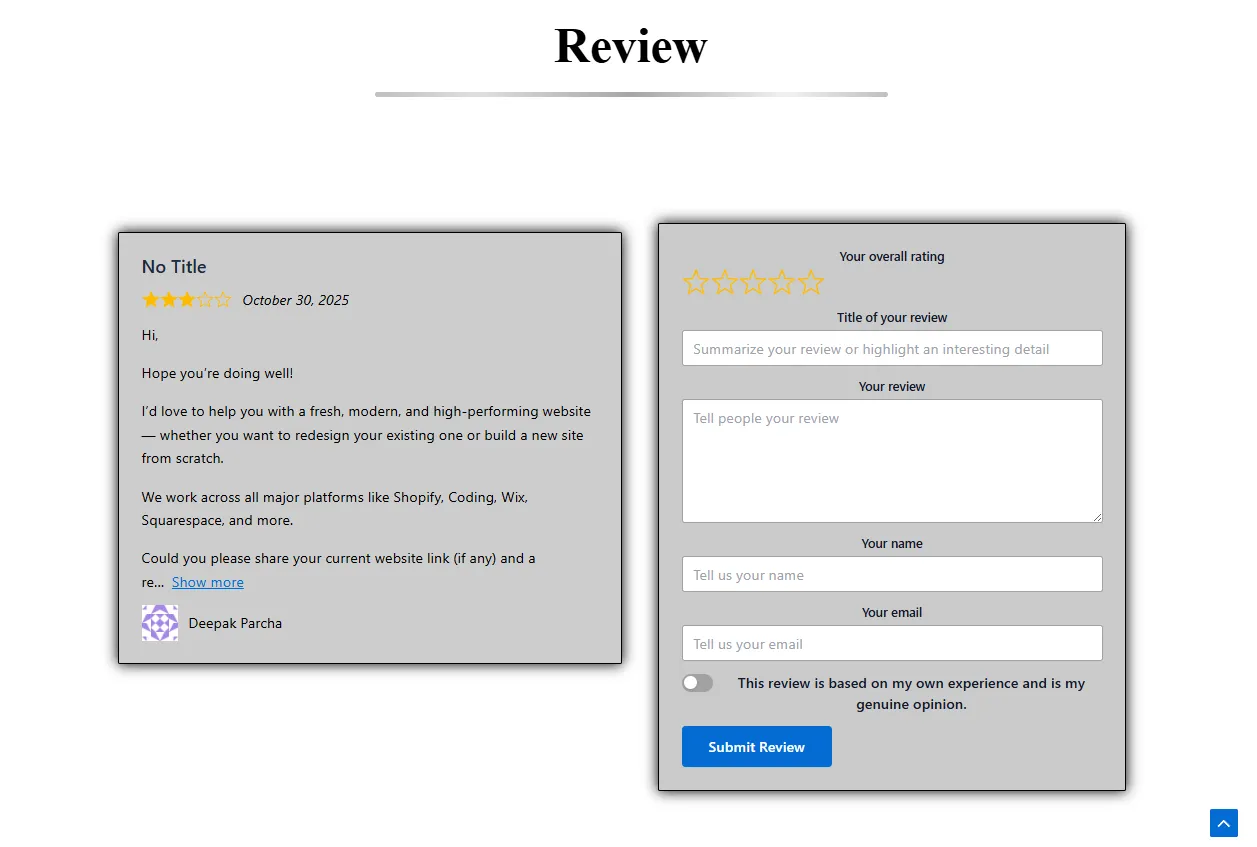Customer reviews section of Time Galleria – Luxury watch eCommerce by Abdul Samad